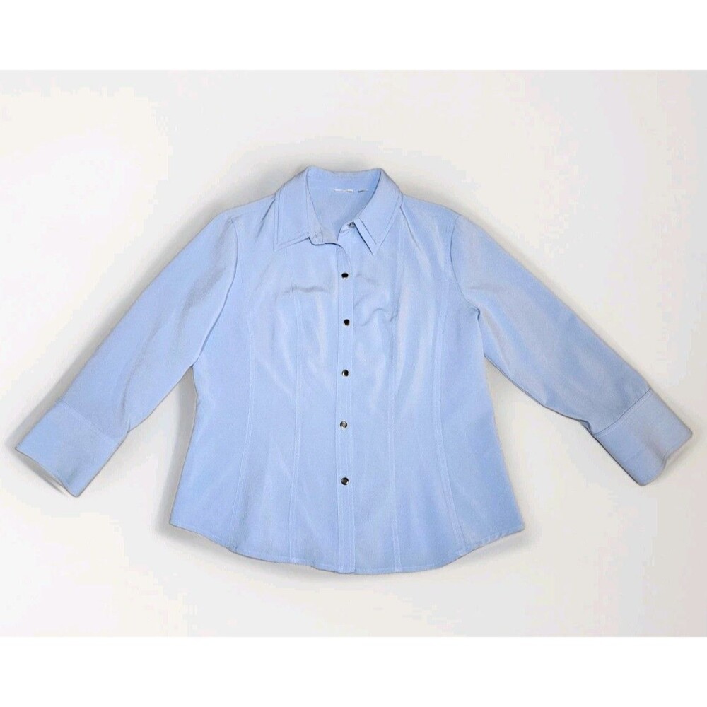 Womens L Blue Solid Polyester Blend Collared Button Front Long Sleeve Blouse
